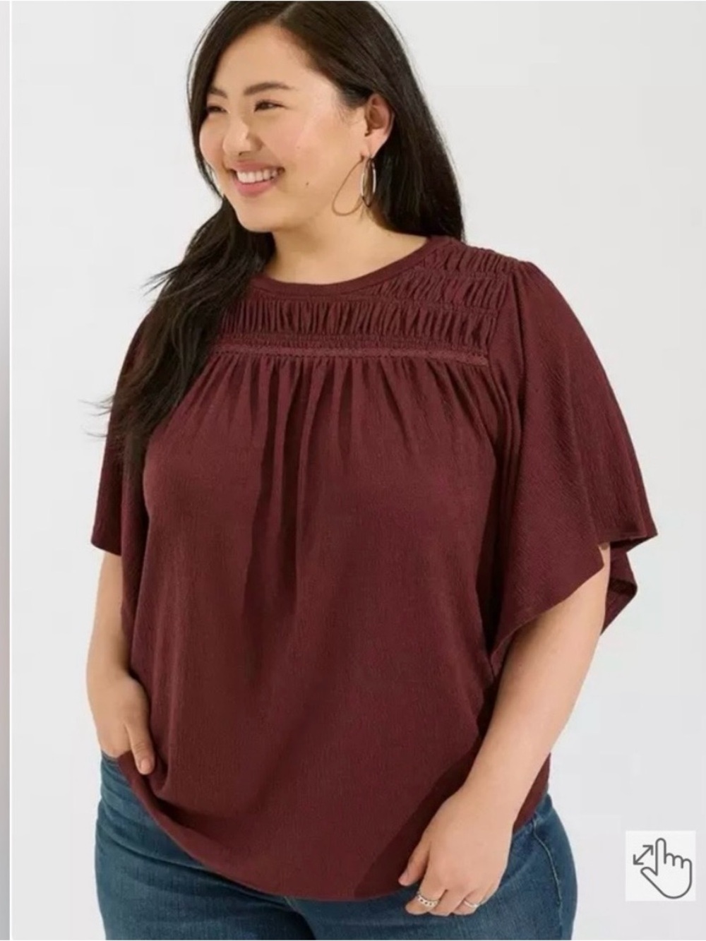 Torrid Knit Crewneck Smocked Flutter Sleeve Top In Sassafras Burgundy Sz 1 (1X) - Picture 2 of 6